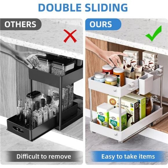 2-Tier Under Sliding Cabinet Basket Organizer with Hooks, (White) - Picture 5 of 7